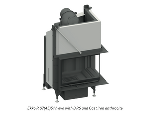 Two-sided corner fireplace insert with modern glass front, and black interior, and a cast iron anthracite. shown installed in a minimalist living room setting.