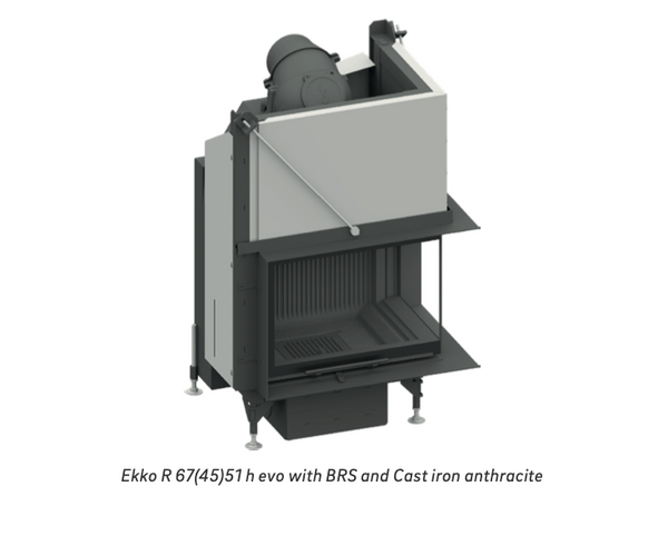 Two-sided corner fireplace insert with modern glass front, and black interior, and a cast iron anthracite. shown installed in a minimalist living room setting.