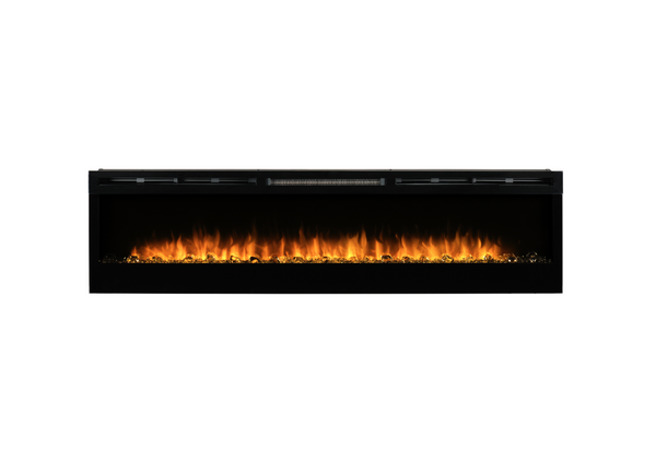 Electric fireplace insert with glowing flames on a white background