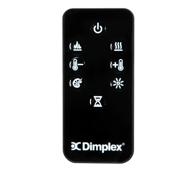 Black remote control with white icons and 'Dimplex' branding on a white background