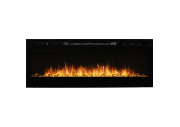 Electric fireplace insert with glowing flames on a black background