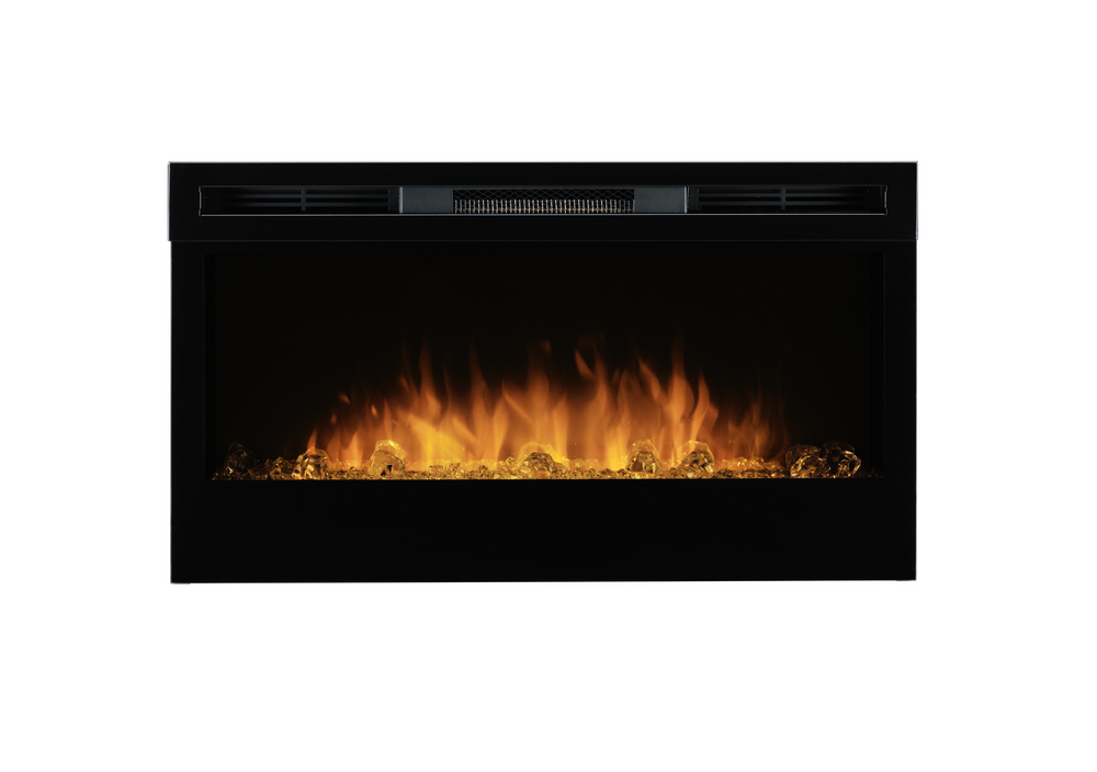 Electric fireplace insert with glowing flames on a black background