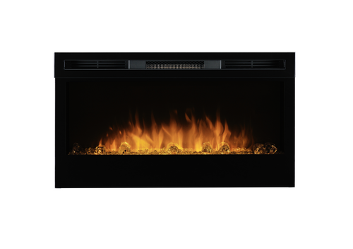 Electric fireplace insert with glowing flames on a black background