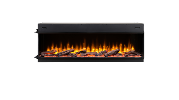 Ignite Ultra built-in electric fireplace with panoramic front view, realistic log set, glowing ember bed, and natural flame effect.