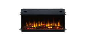 Ignite Ultra built-in electric fireplace with wide front-facing glass, glowing ember bed, and realistic flame effect.