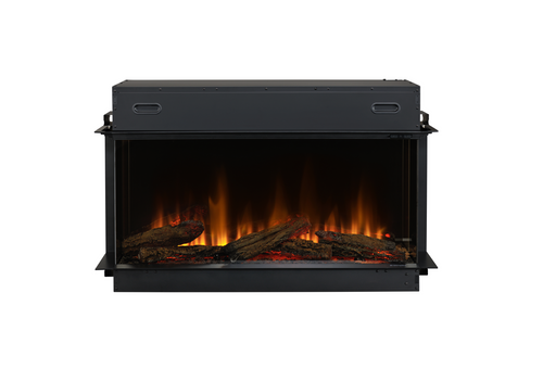 Ignite Ultra compact electric fireplace with front-facing glass, natural flame visuals, and detailed log set.