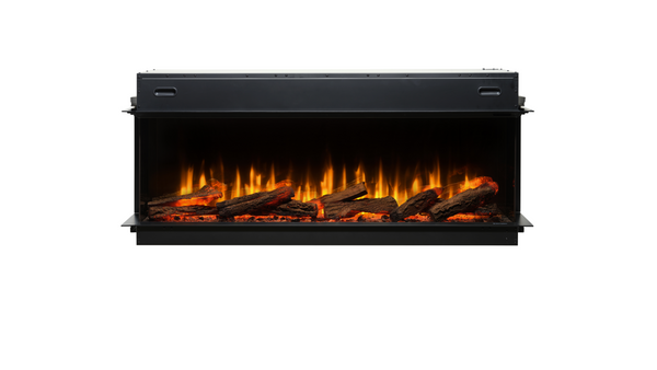 Ignite Ultra electric fireplace in three-sided configuration, displaying realistic flames and log effect visible from the front and sides.