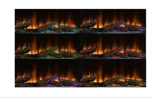 Ignite Ultra electric fireplace showing multiple flame and ember colour options, including blue, green, purple, pink, and amber lighting effects.