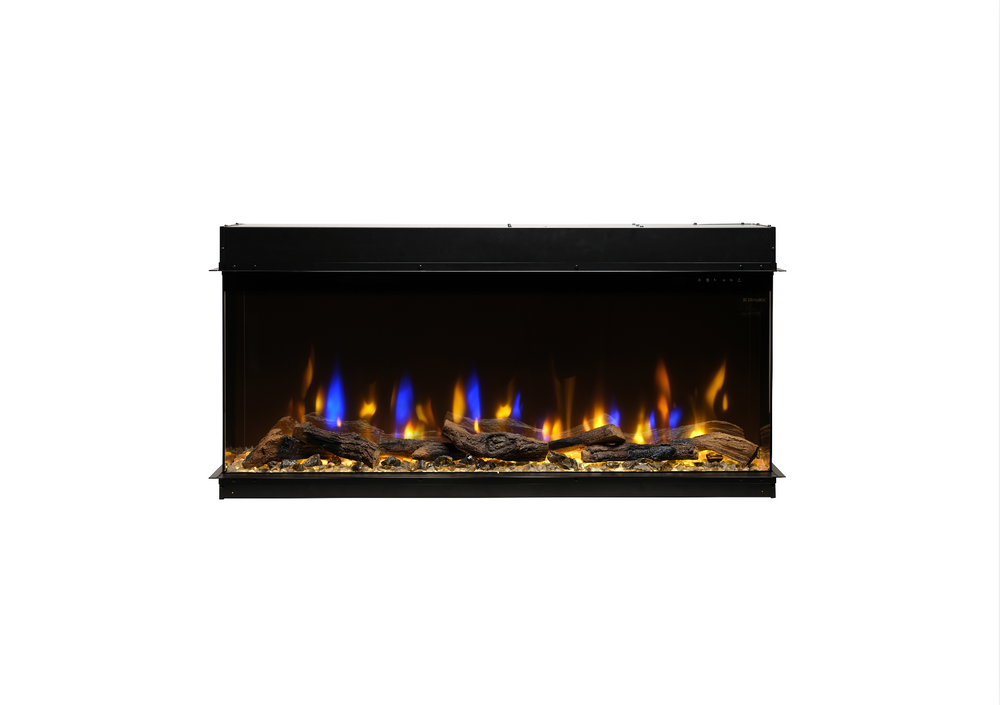 Electric fireplace insert with glowing logs and flames on a white background