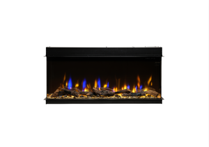 Electric fireplace insert with glowing logs and flames on a white background