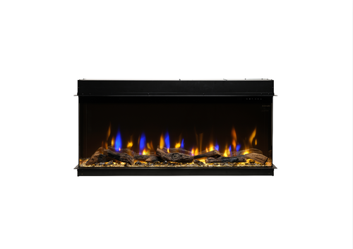 Electric fireplace insert with glowing logs and flames on a white background