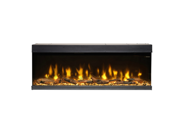 Electric fireplace insert with glowing logs on a white background