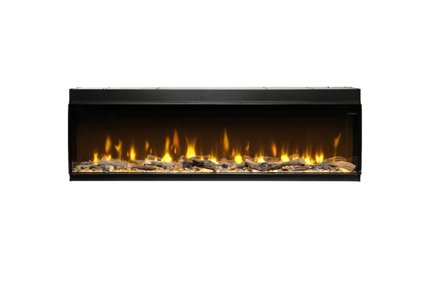 Electric fireplace with glowing embers on a white background