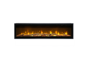Electric fireplace with glowing logs and flames on a white background