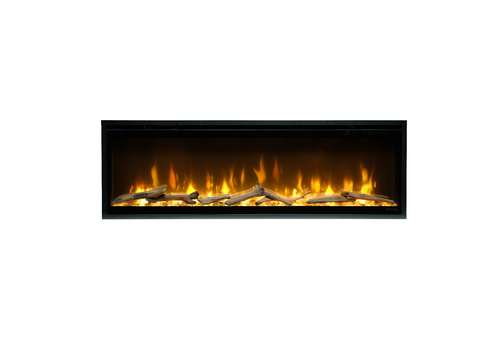 Electric fireplace with glowing logs and flames on a white background