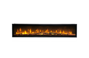 Electric fireplace with glowing logs and flames on a white background