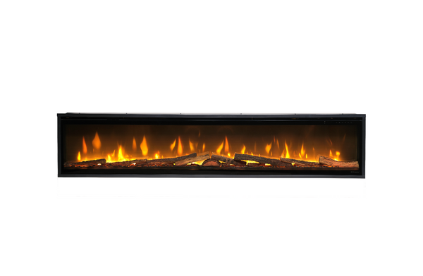 Electric fireplace with glowing logs and flames on a white background