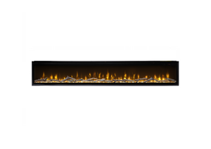 Modern electric fireplace with glowing embers on a white background