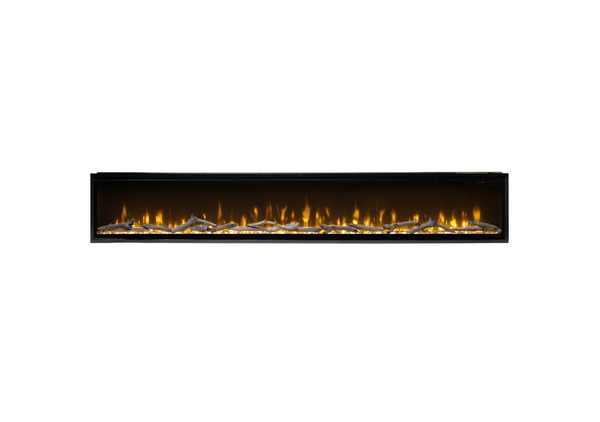 Modern electric fireplace with glowing embers on a white background