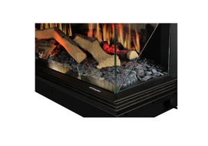 Electric fireplace with glowing logs and flames inside a black frame.