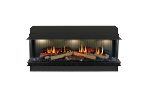 Black electric fireplace with glowing logs and flames on a white background