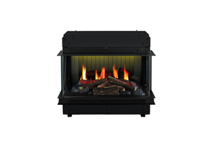 Black fireplace with burning logs on a white background