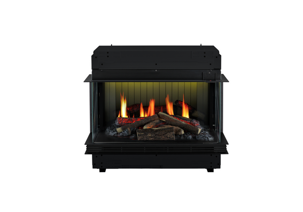 Black fireplace with burning logs on a white background