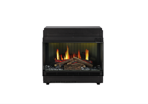 Black electric fireplace insert with glowing logs on a white background