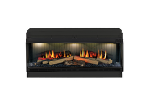 Electric fireplace insert with glowing logs and flames on a white background