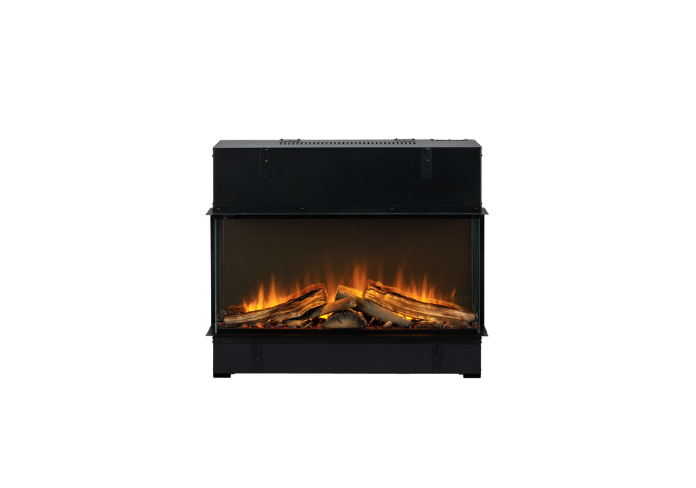 Black electric fireplace insert with glowing logs on a white background