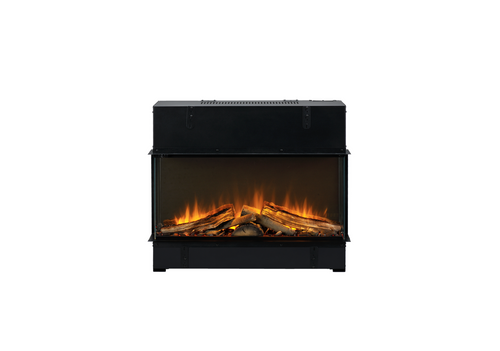 Black electric fireplace insert with glowing logs on a white background