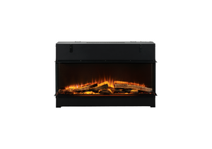Black electric fireplace insert with glowing logs on a white background