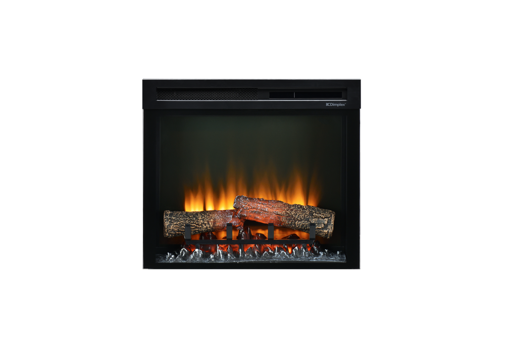 Electric fireplace insert with glowing logs and flames on a white background