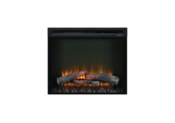 Electric fireplace insert with glowing logs on a white background