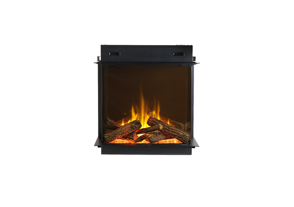 Electric fireplace insert with glowing logs on a white background