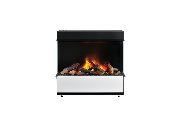 Modern electric fireplace with glowing logs on a white background