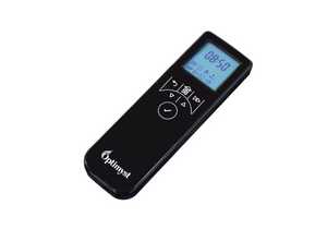Black digital remote control with display on a white background