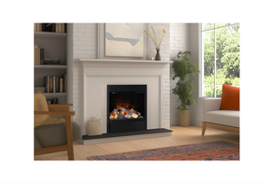 Living room with a fireplace, books, and decorative items.