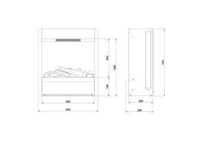 Technical drawing of a fireplace with dimensions