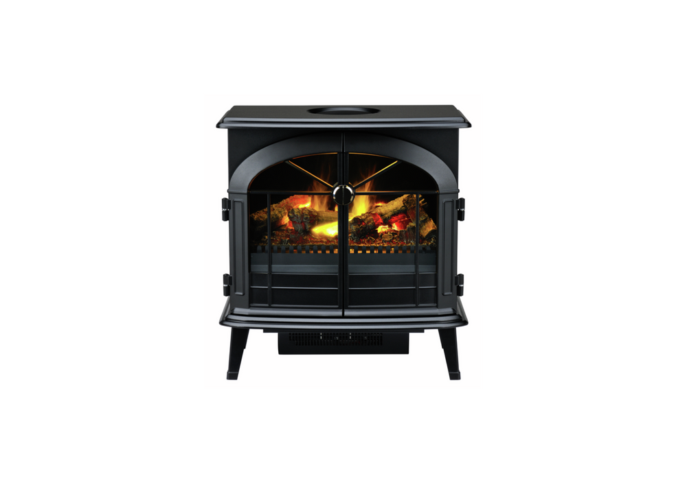 Dimplex Stockbridge Electric Fireplace with door close, with glowing amber fire