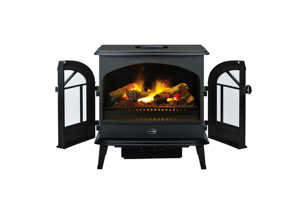 Dimplex Stockbridge Electric Fireplace with door open, with glowing amber fire