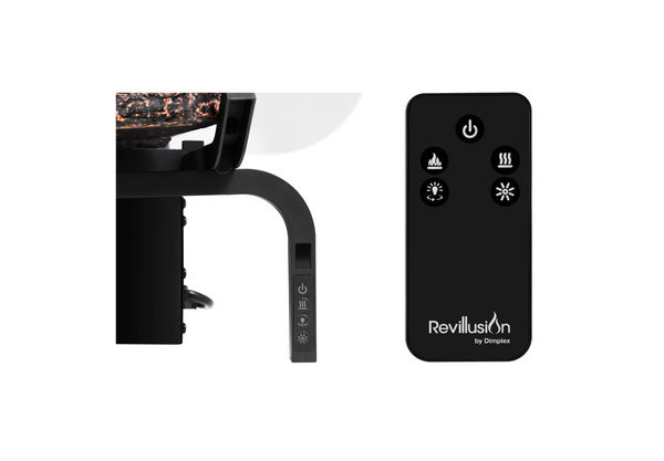 Close-up of Revillusion Logset 20 control panel and included remote control for flame, heat, and brightness adjustment.