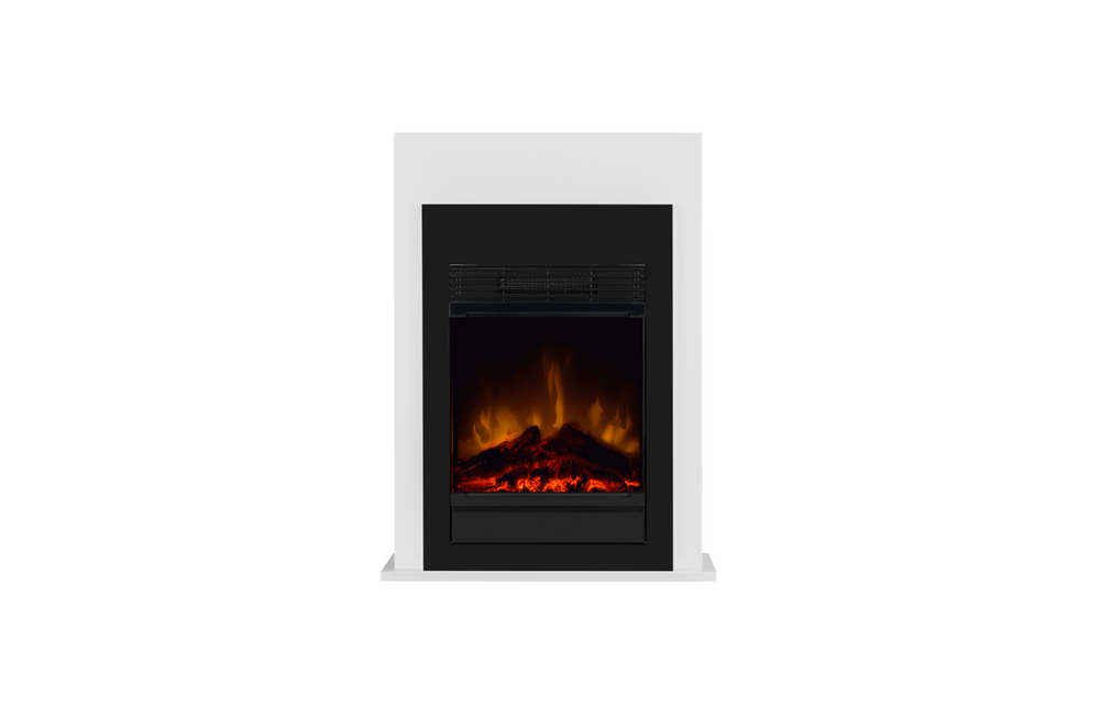 Electric fireplace insert with white frame and glowing flames on a white background