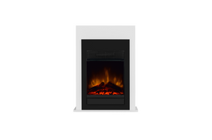 Electric fireplace insert with white frame and glowing flames on a white background