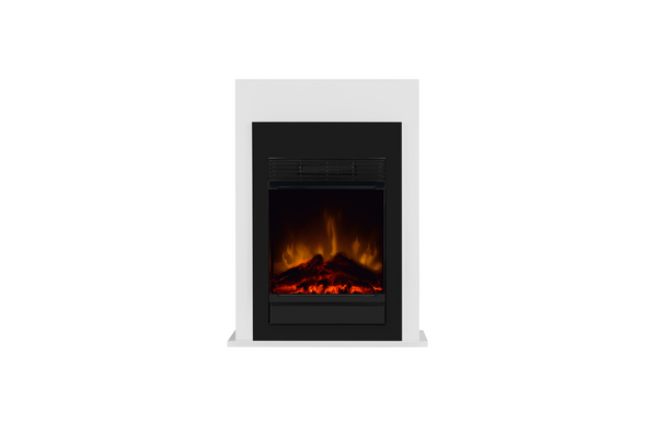 Electric fireplace insert with white frame and glowing flames on a white background