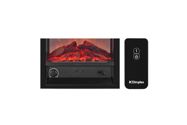 Electric fireplace insert with digital controller on a white background