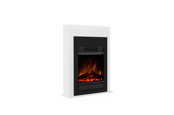 White electric fireplace insert with glowing flames on a white background