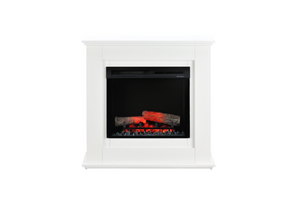 Front view of a white freestanding electric fireplace with realistic log flame effect and black glass firebox