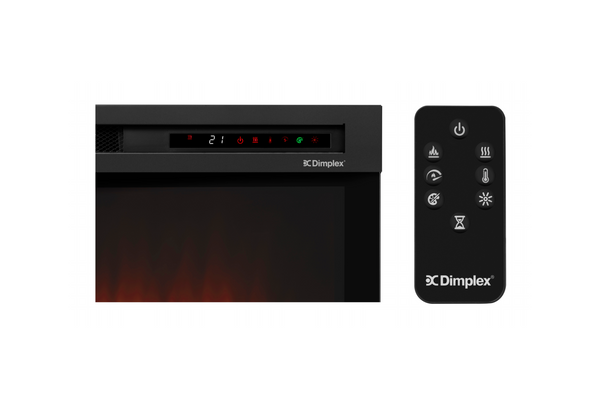 Close-up of the electric fireplace control panel with digital display and remote control
