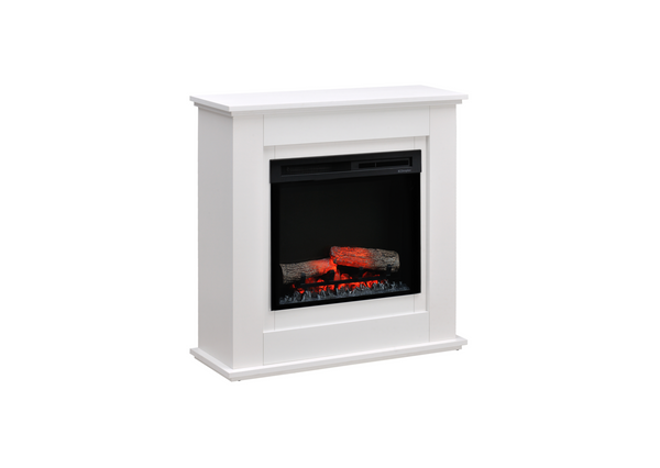 Angled view of a white freestanding electric fireplace showing the flame effect and integrated firebox